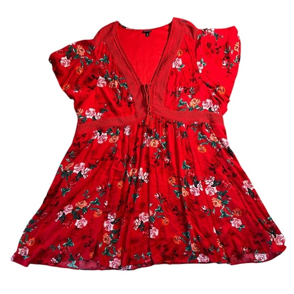 Torrid Red Floral Mini Skater Dress Flutter Short Sleeve Size 6 Preppy Boho - Picture 1 of 11